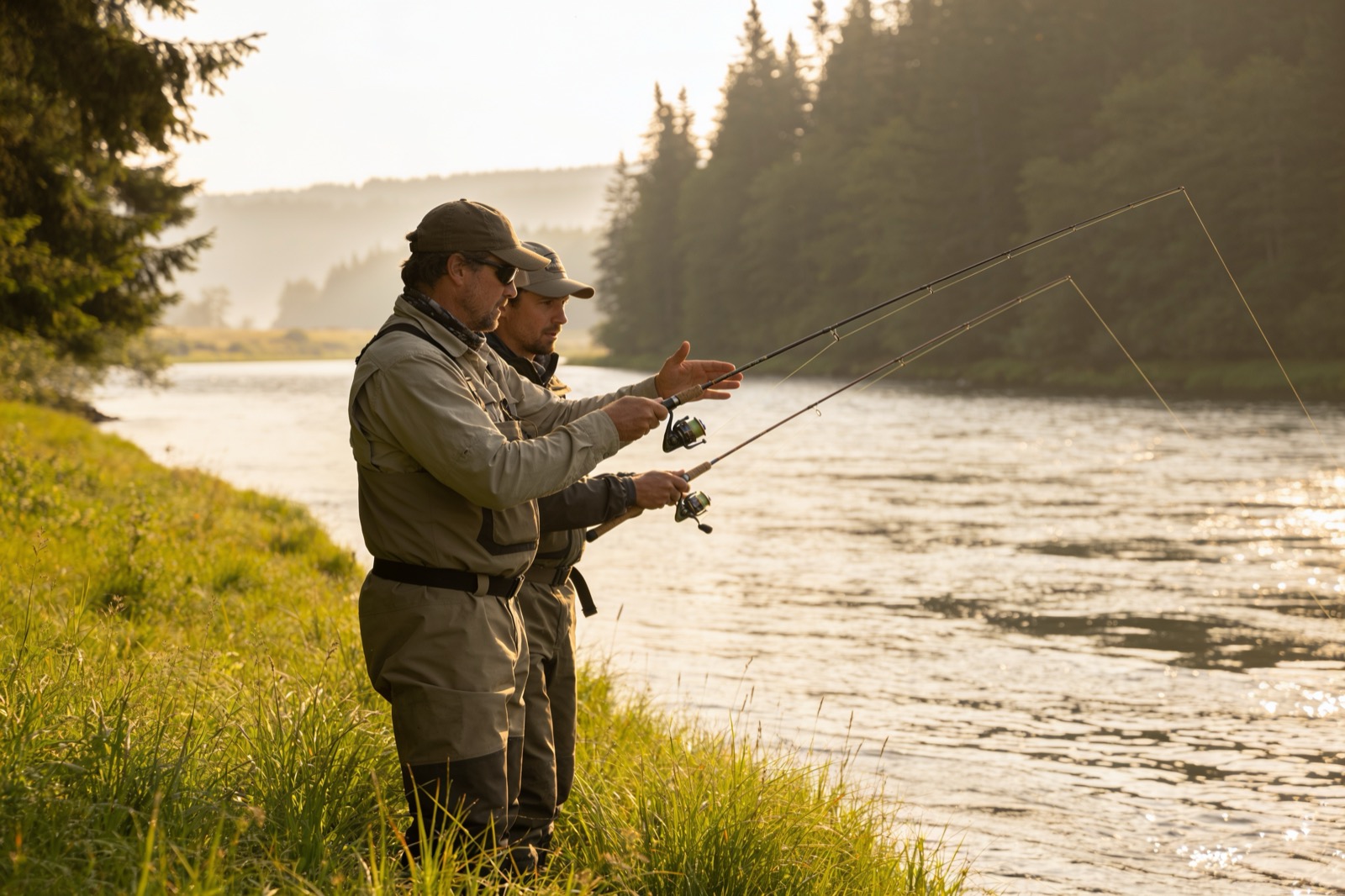 Father and son fishing a river bank at golden hour in Western Washington